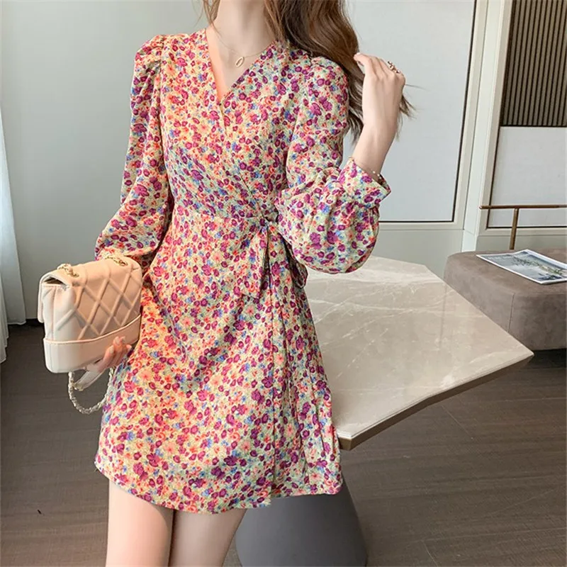 

Spring Flower Chiffon Women Mini Dress Lace-Up Long Lantern Sleeve V-Neck Dresses Streetwear Print Above Knee Dress Female