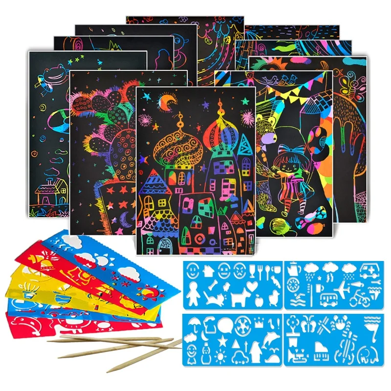 10 Sheet Magic Scratch Art Paper Coloring Cards Scraping Drawing with Stick SK 
