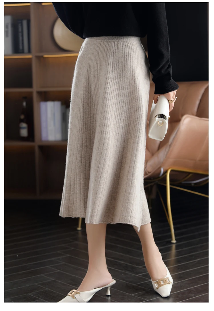 2021 Autumn New High-Waist 100%Pure Wool Pleated Long Skirt Women's Knit Base Skirt Fashion Pack Hip A-Line Cashmere Large Skirt purple skirt