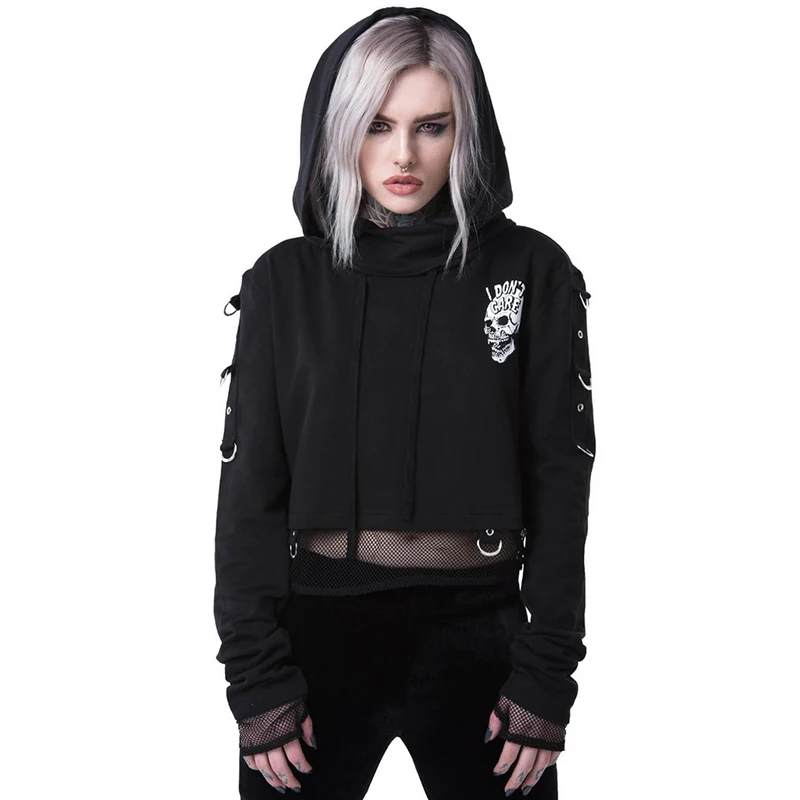 InsGoth Women Sweatshirts Cropped Hoodies Gothic Skull Printed Black Loose Short Hoodies Mesh Patch