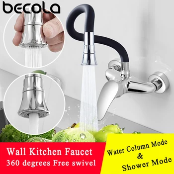 

BECOLA Wall Mounted Cold & Hot Water Kitchen Mixers Faucet Kitchen Sink Tap 360 Degree Swivel Flexible Hose Double Holes
