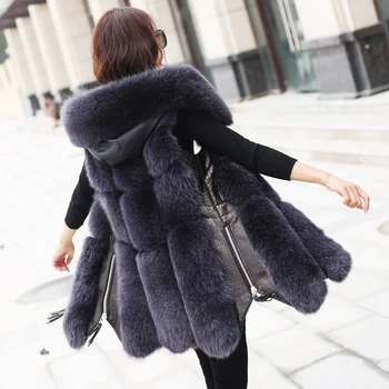 

2019 New Winter Faux Fur Vest Female Middle-length Imitation Fox Fur Vest Hood Stitching Bodycon Women's Fur Jacket, A347