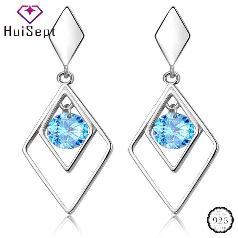 

HuiSept Trendy Silver 925 Jewellery Earrings Sapphire Zircon Gemstone Double Rhombus Long Style Drop Earrings for Women Wedding