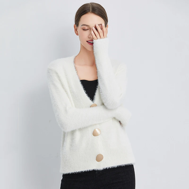 Fitaylor Autumn Women Knitted V Neck Single Breasted Sweater Gold Shiny Button Casual Female Cardigans Short Soft Warm Knitwear