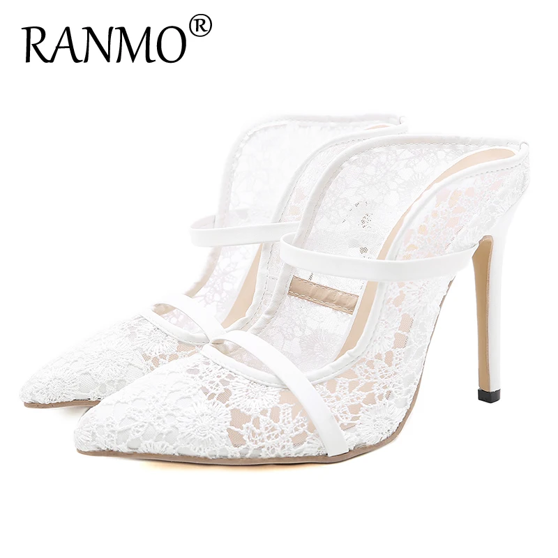 

2021 spring and autumn new high heels black and white lace simple stiletto high heel slippers sexy fashion banquet fashion shoes