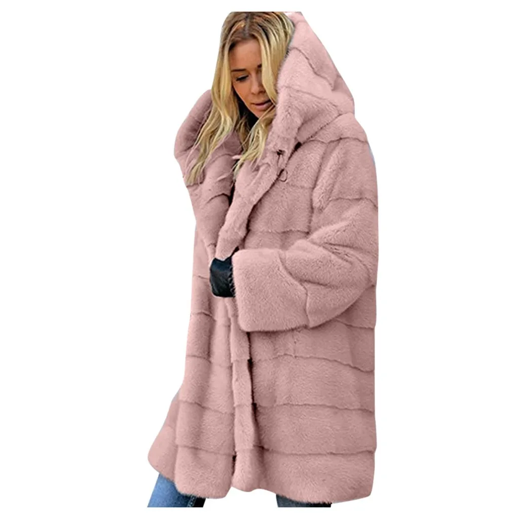 Vintage fluffy hoodie faux fur coat women Winter grey jacket coat female Plus size warm long casual outerwear overcoat