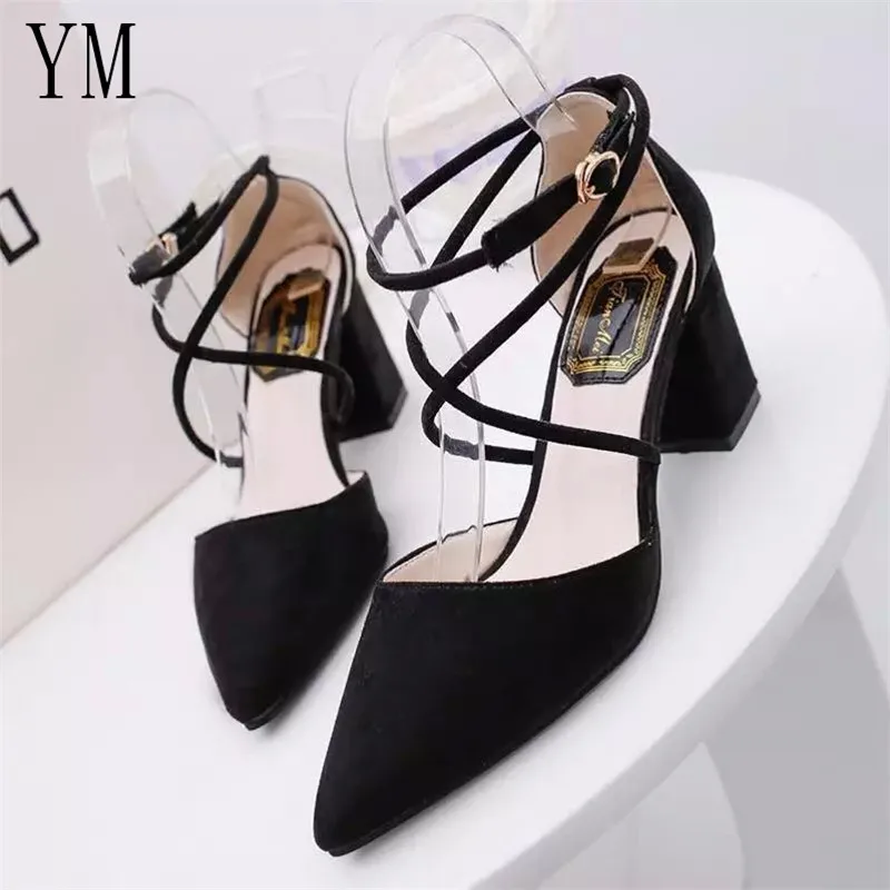 

Elegant Ladies Pumps 2020 sexy pointed toe Chunky high heels Ankle Strap Wedding party shoes woman 35-39