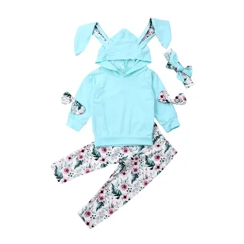 

Baby Girl cute Rabbit ears suits blue autumn clothes Long Sleeves Hooded Sweatshirt +Floral Pants Toddler KidsOutfit Set