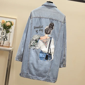 

Fashion spring new 5XL women's Korean fat MM cartoon printing mid-length denim trench coat jacket