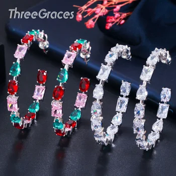 

ThreeGraces Luxury Ladies Big Round Circle Hoop Earring Rainbow Cubic Zircon Loop Earrings Bridal Trendy Party Jewelry ER490