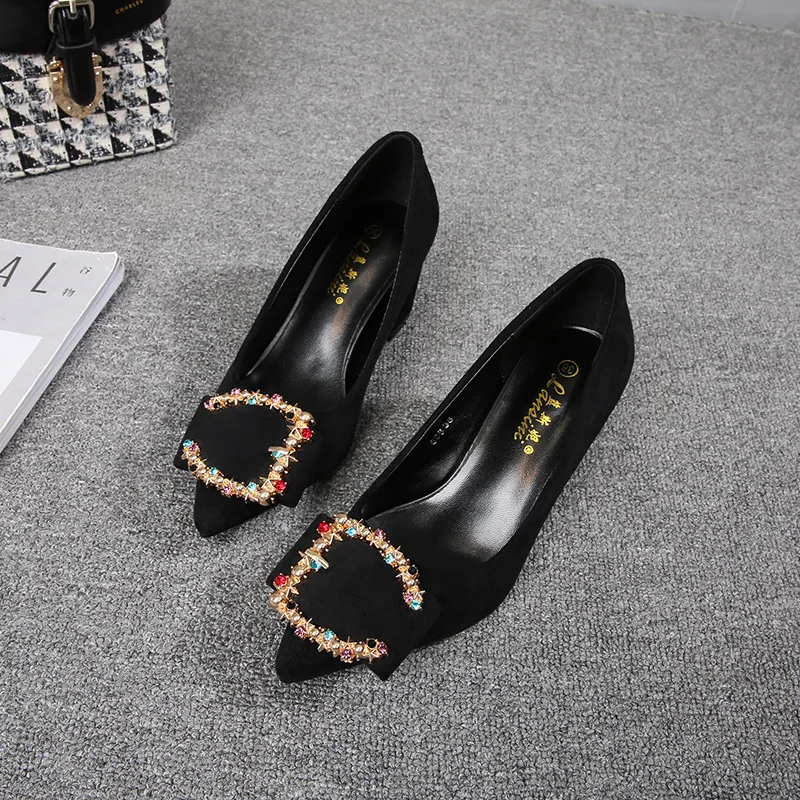 2023 new spring autumn casual high-heeled shoes women pumps Rhinestones Flock Slip On 8CM Thin High Heels Pointed Toe Shallow
