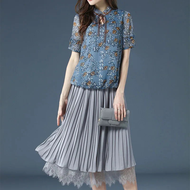 

2019 Summer New Style Europe And America Young Elegant Large Size Dress Chiffon Pleated Skirt Fashion Leisure Suit