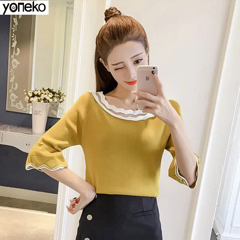 

Yoneko 2020 Spring and Autumn New Round Collar Hollow Knitting Female Lace Flare Sleeves Thin Ice Silk Sweaters KM631