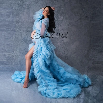 

Sexy Puffy Tulle A-line Long Robe For Pregnant Women Sky Blue Ruffles Tiered Maternity Women Dresses To Photo-Shoot Bridal Night