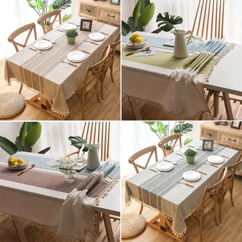 

Stitching Tassel Tablecloth Heavy Weight Cotton Linen Dust-Proof Table Cover for Kitchen Dinning Tabletop Decoration