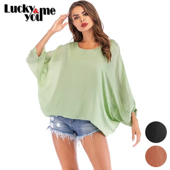 

New Arrive 2020 Womens Summer Casual Solid Loose Thin Batwing Sleeve Pullover Tops Girls Light Green Street Beach Wear Blouses