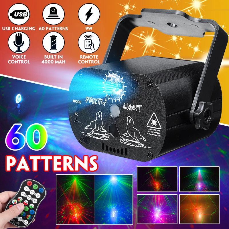 

60 Modes Sound Activated Party Light Strobes Laser Light USB Charging 9W RGB LED Light Christmas Home KTV Wedding Show Bar