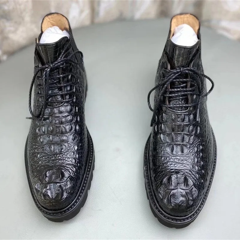 US $395.27 Authentic Crocodile Skin Handmade Mens High Lift Ankle Shoes Solid Outsole Genuine Alligator Leather Male Laceup Winter Boots