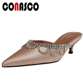 

CONASCO Fashion Elegant Casual Women Sandals Slippers Mules Pumps Summer New Rhinestone Applique Thin Heels Shallow Shoes Woman