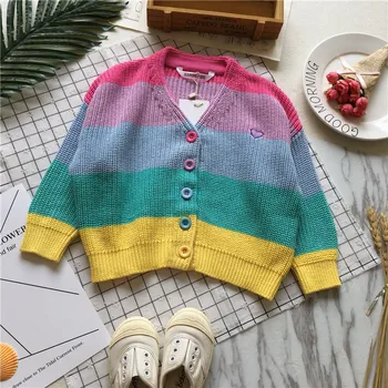 

Tonytaobaby Fall and Winter Clothes New Style Baby Girls Rainbow Knit Thick Cardigan Baby Girl Sweater