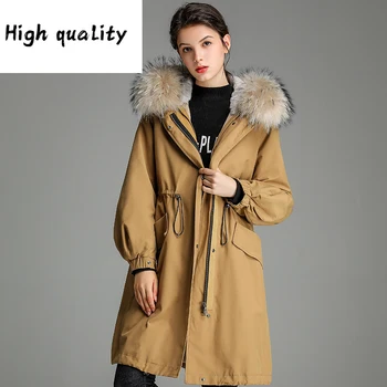 Billig 2020 Weibliche Parka Echt Kaninchen Winter Jacke Frauen WaschbÀren Pelz Kragen Warme Lange Mantel Manteau Femme Y253
