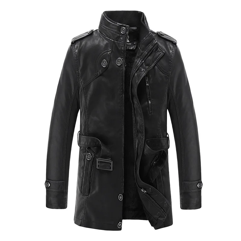 

Leather Coat Men's Winter plus Thick Velvet Jacket Greenish Blue Middle-aged Casual Mid-length Warm Mid-length Leather Coat