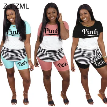 

Letter Striped Print Two Piece Set Women Summer Clother O Neck Short Sleeve T Shirt And Biker Shorts Club Outfit Matching Sets