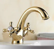 

Polished Gold Color Brass Single Hole Deck Mounted Double Handles Bathroom Vessel Basin Sink Faucet Mixer Water Taps mnf172