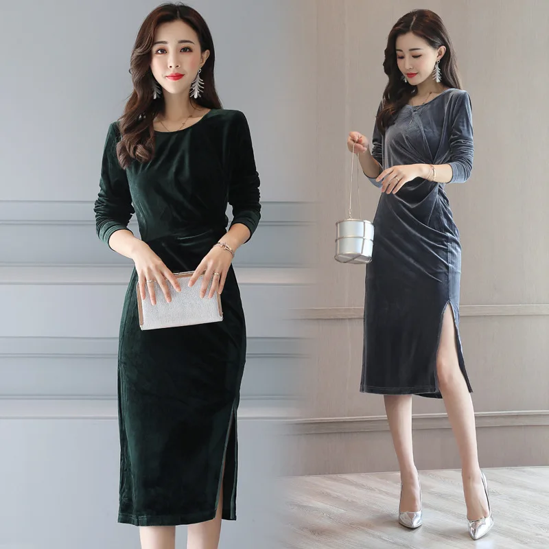 

2019 Autumn New Women Korean-style Slimming Crew Neck Long Sleeve Swan Gold Velvet Dress Mid-length Slit Skirt