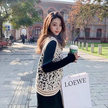 

Bazhenova Winter Woman Vest Jacket Leopard Print Joker V-Neck Sleeveless Knitting Sweater Female T1029