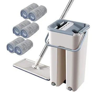 

Lazy Man Free Hand-washing Flat Scraper Mop Microfiber Mop Mop Bucket +1 Set Rod + Mop Beige Practical