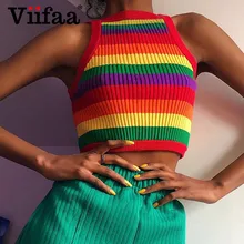 Viifaa многоцветный полосатый вязаный короткий жилет свитер для женщин без рукавов, с вырезом лодочка Джемпер Пуловер красочные рождественские свитера