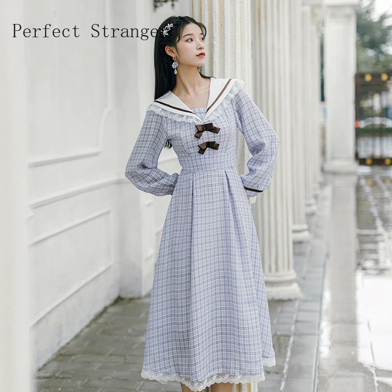 2020 Autumn Winter New Arrival Hot Sale Turn Down Collar Long Sleeve Plaid Women Long Dress