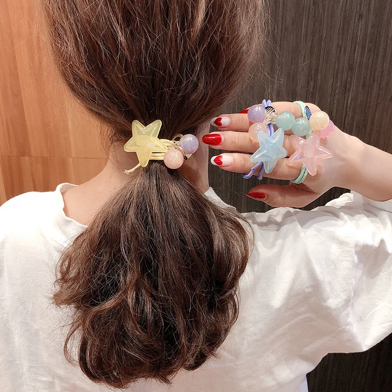 

CN 2pcs/set Star Ball Elastic Ponytail Holder For Women Crystal Pearl Hair Rope Girls Candy Color Scrunchies Hair Accessories