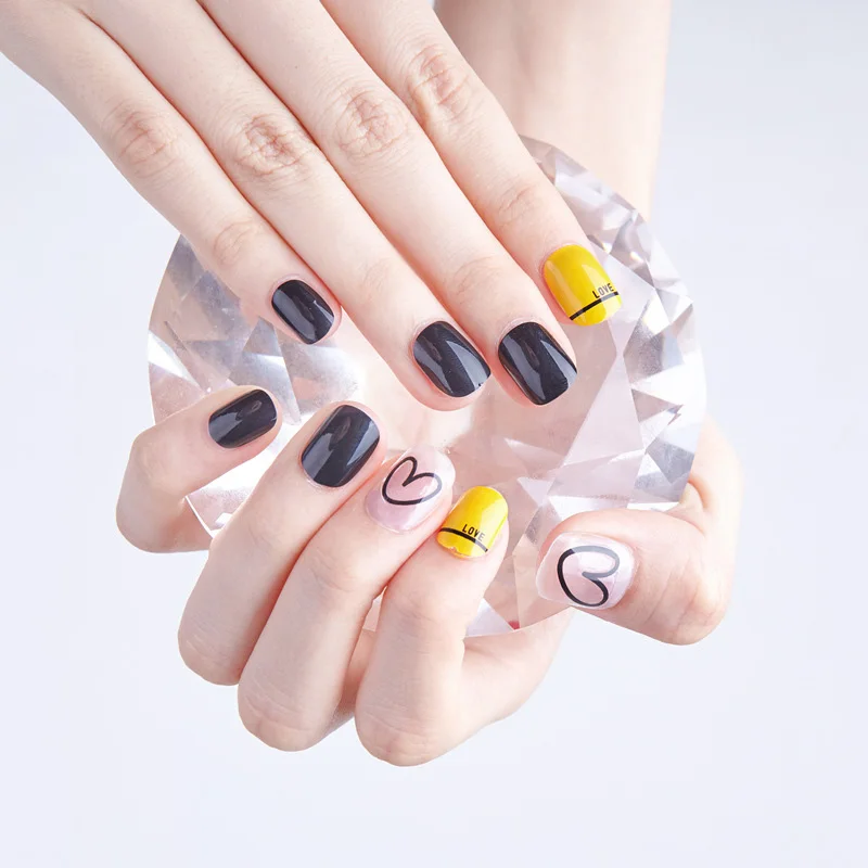 

24pcs Jump Color Finished Yellow Black False Nails Short Size Full Cover Nail Art Tips with Glue Girls Summer Love Heart Steak