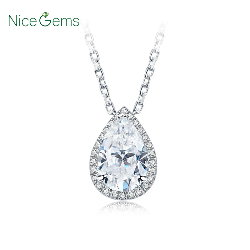 NiceGems твердая 14K 585 белая Золотая груша 2.1ct Halo Moissanite подвеска-ожерелье 18 дюймов цепочка для женщин ювелирные украшения