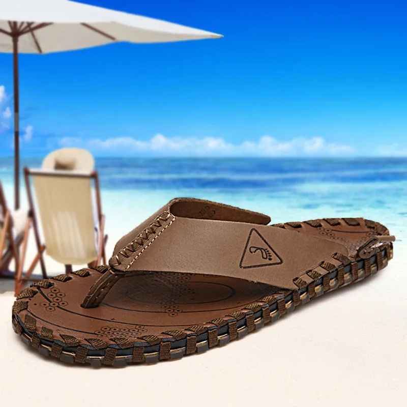 

2019 Trend MEN'S Flip Flops Summer New Style Natural Leather British Style Sandals Casual Sandals Flip-flop Anti-slip