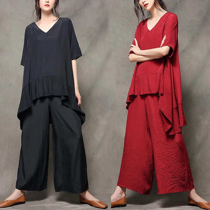 

Fat Mm Large Size 2019 Summer Literature And Art Simple Fashion Casual Chinese Style Tea Service Loose-Fit Loose Pants Two-Piece