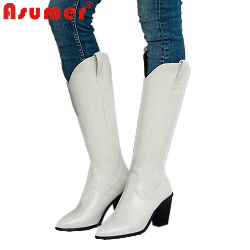 ASUMER Plus size microfiber leather women boots pointed toe western cowboy boots women mid-calf thick high heels ladies boots