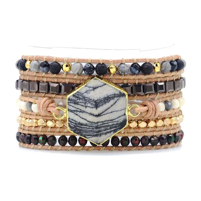 

Boho Bracelet Handmade Jewelry Gifts Natural Zebra Stone Leather Bracelet Chic 5X Wrap Bracelet Dropshipping