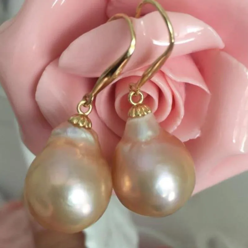 gorgeous huge 13-14mm south sea gold pink pearl dangle dearring 14/k