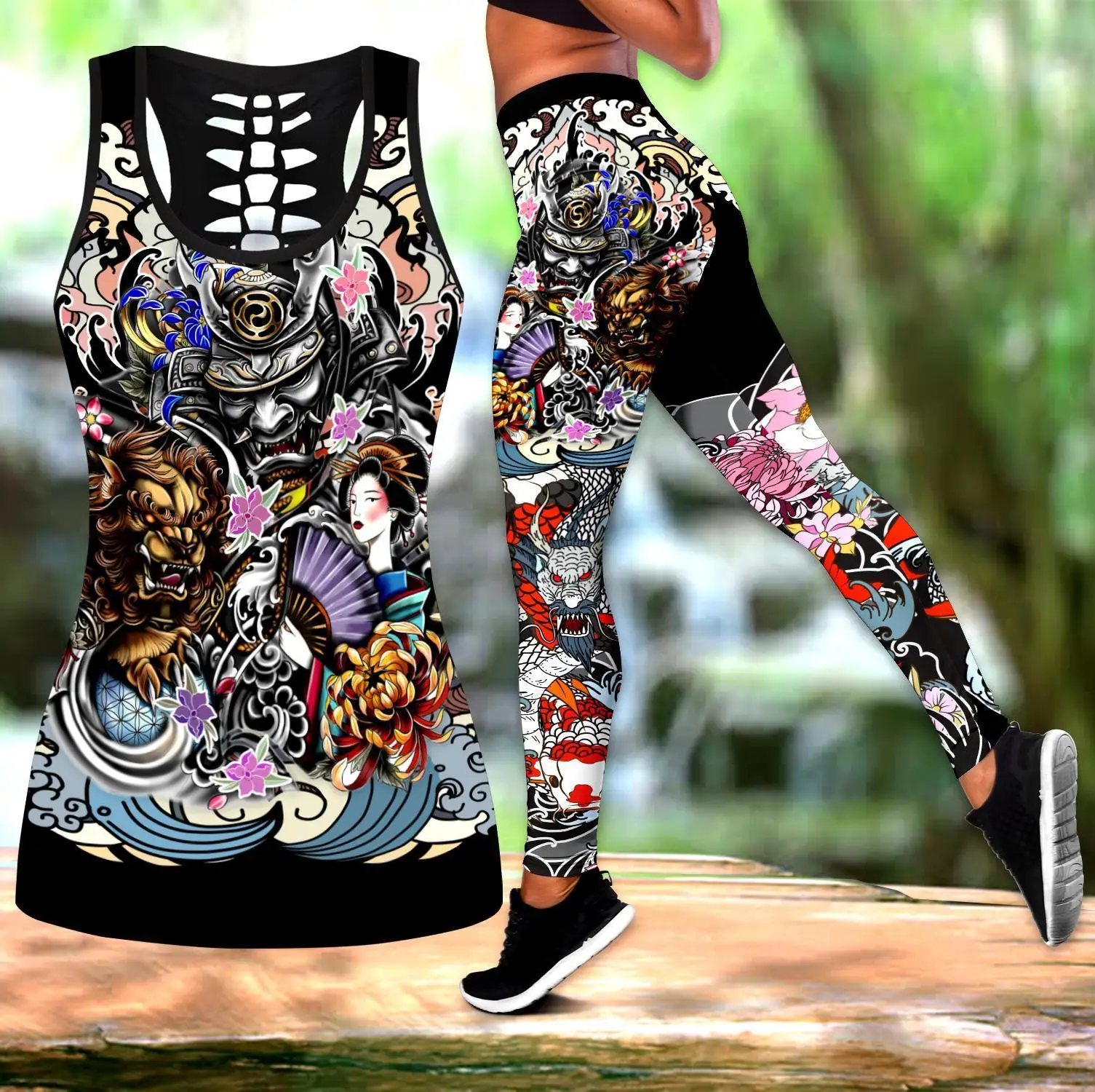 

Women Leggings Fashion 3D Printed Samurai Geisha and Lion Tattoo Leggings & Tank top Sexy Elastic Female Skinny Leggings DDK12