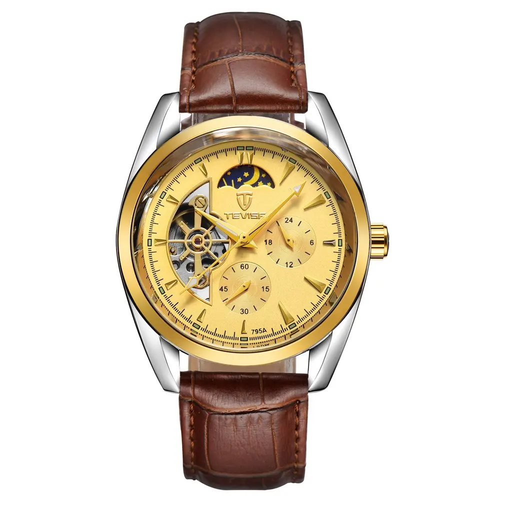 

TEVISE Men Watch Tourbillon Automatic Leather Strap Watches Luxury Moon Phase Mechanical Waterproof Watch Hollow Out Dial