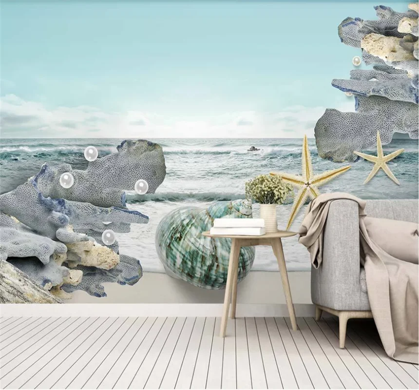 xuesu Custom wallpaper mural Nordic minimalist small fresh 3D sea shell landscape background wall 8d wall covering custom 3d photo wallpaper seascape beach palm wall covering mural roll for living room bedroom background wallpaper de parede