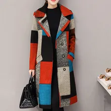 Женское пальто, осень, женское повседневное теплое пальто из кашемира, для работы, офиса, элегантное, Ретро стиль, пэчворк, длинное, шерсть, пальто# J30