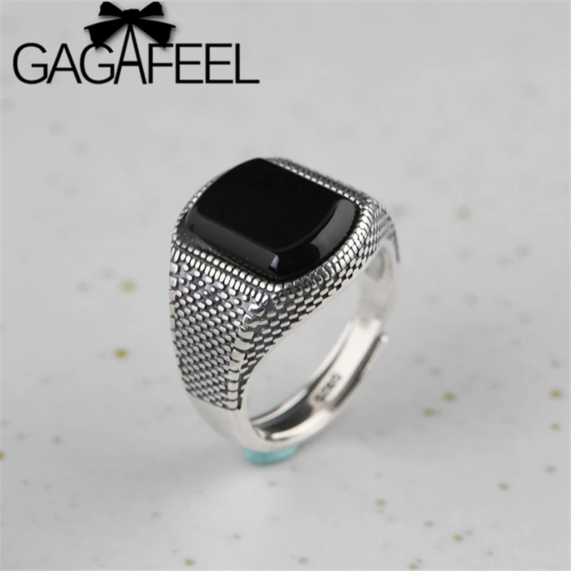 GAGAFEEL, 925 пробы, серебряные кольца c черным камнем для мужчин и женщин, винтажное серебряное Открытое кольцо, Панк тайское серебряное ювелирное изделие