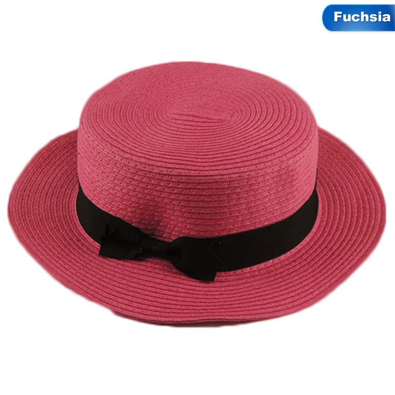 fuchsia Солнцезащитные очки лента круглый плоский Топ Соломенная пляжная шляпа Панама шляпа летние шляпы для девочек соломенная бейсболка Gorras - Цвет: fuchsia