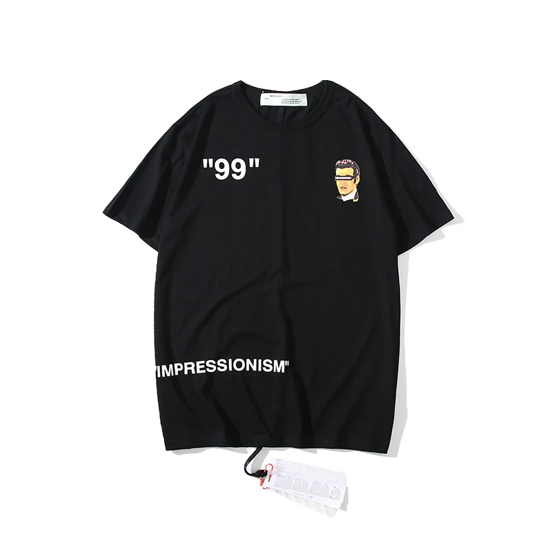 Зеленый эльф из мультфильма 19ss Off-White OW для мужчин и женщин, унисекс, модные модели влюбленных пар, хлопковая Повседневная футболка с круглым вырезом и коротким рукавом - Цвет: Черный