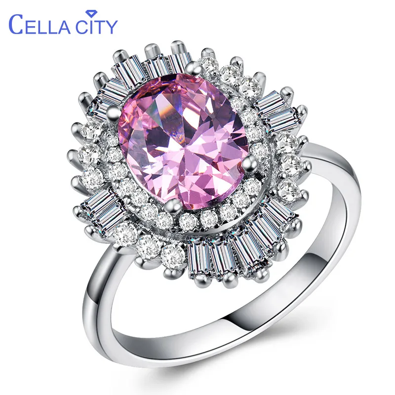 Cellacity Oval Pink Crystal Ring for Women Silver 925 Jewelry with Gemstones Zircon Temperament Flower Female Engagement Rings | Украшения