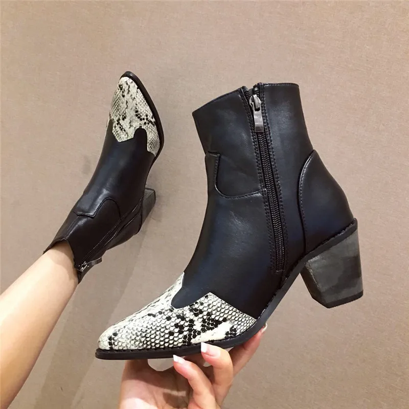 

Winter Shoes Women Snake Print High Heel Boots Bootee Woman 2019 Luxury Designer Booties Ladies Zipper Heels Pointy Ankle